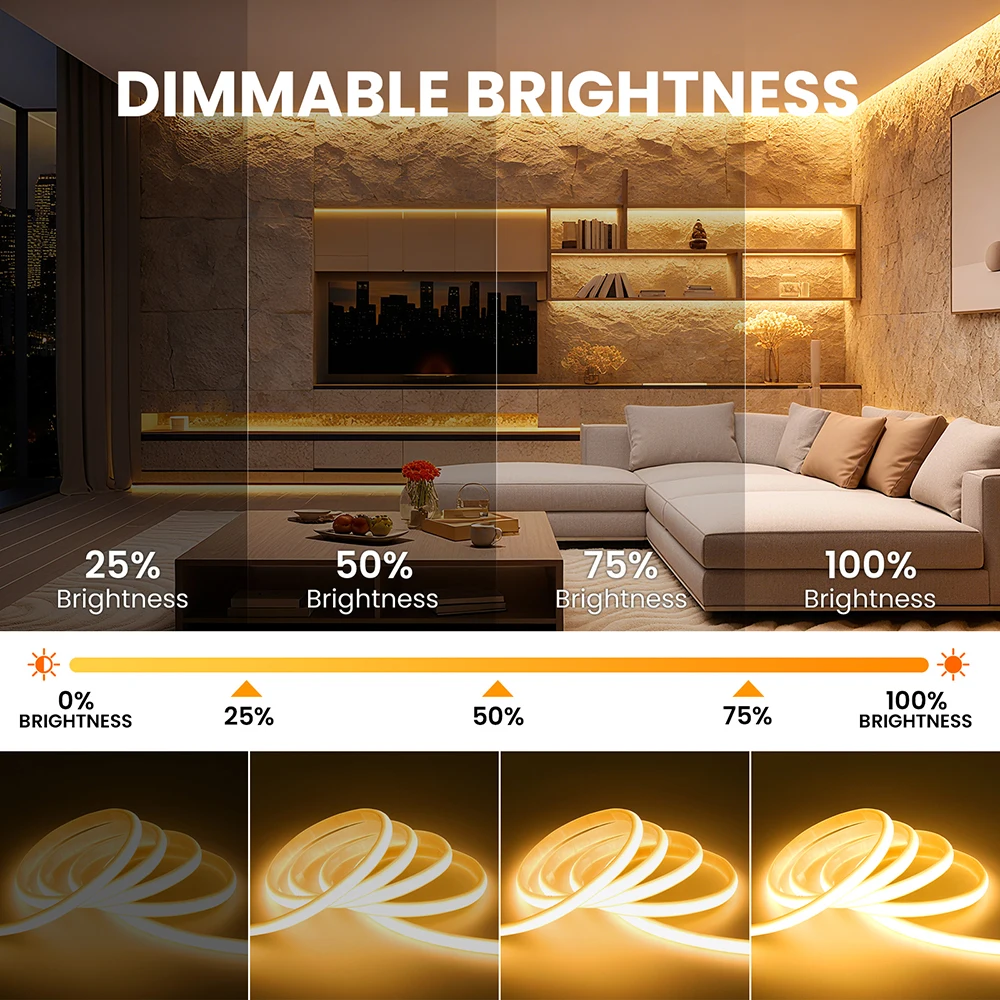 COB LED 스트립 라이트 와이파이 블루투스 앱 제어 320LEDs IP67 유연한 테이프 라이트 12V 24V 리모컨 전원 키트 주방 캐비닛용