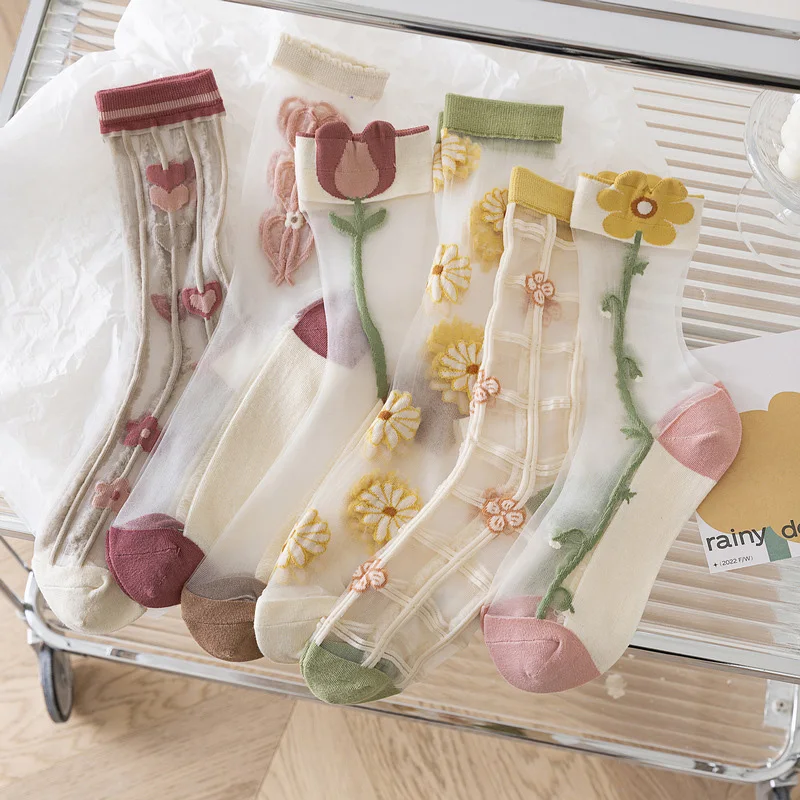 

Women Kawaii Long Sock Tulip Floral Embroidery Flower Elastic Crystal Silk Socks Ultra-thin Lolita Retro Transparent Summer