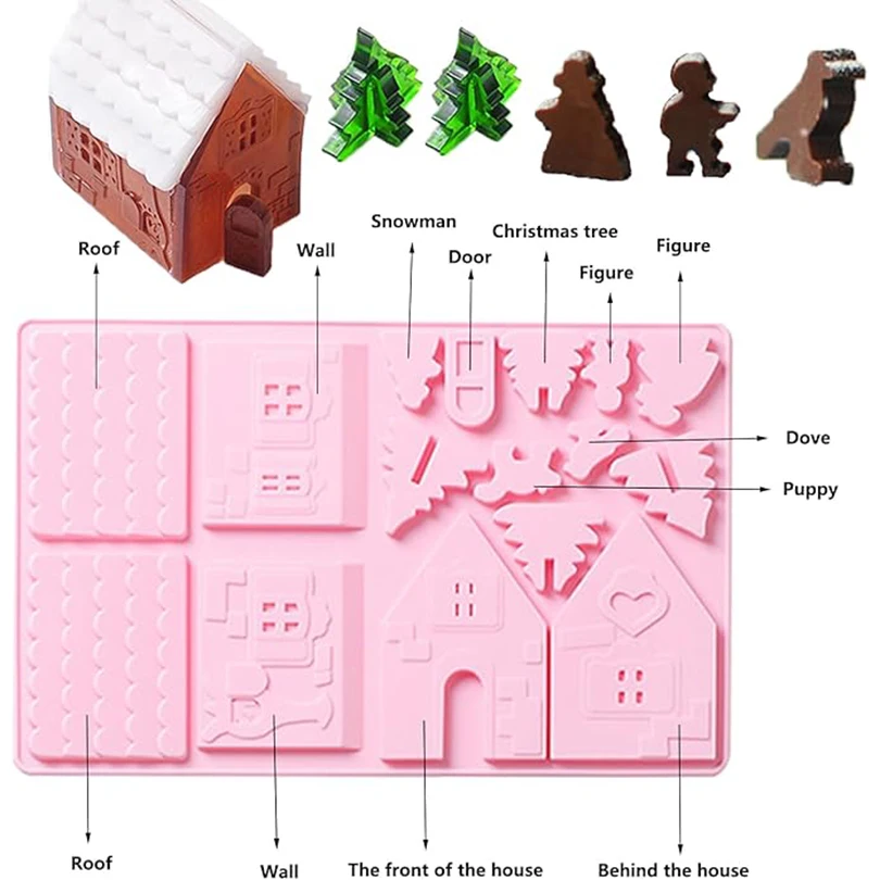 1PC Christmas House Building block Chocolate Silicone Mold Cake Decoration DIY Gingerbread House Shape Biscuits Stencil Baking