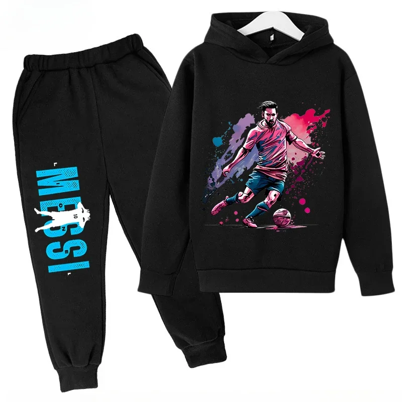 Conjunto de sudadera con capucha para niños de primavera, conjunto deportivo de 2 piezas, sudadera y pantalones, ropa para niños y niñas con estampado de Messi, ropa para bebés