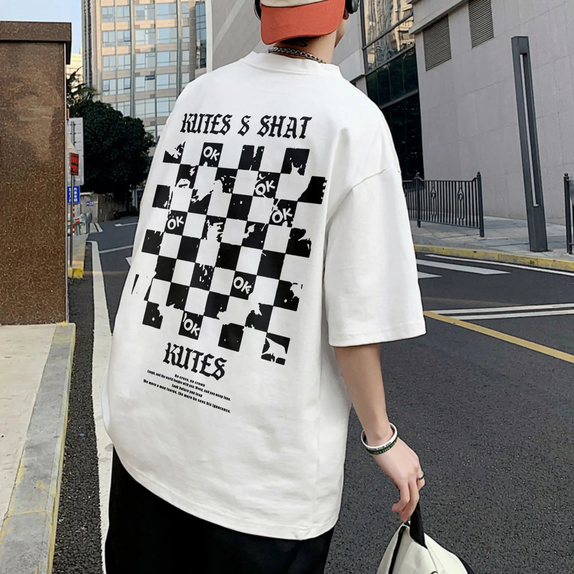 

Checkered Summer Short Sleeve T-Shirt Men's Style Loose Large Size Round Neck Half Sleeve Top Tide Brand Casual T-Shirt S-5XL