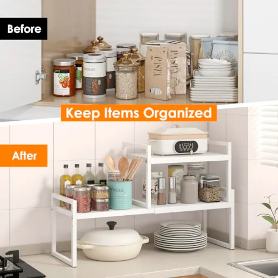 Expandable Kitchen Countertop Organizer Stackable Cabinet Shelf Organizers Space Saving Spice Rack Pantry Storage for Bathroom