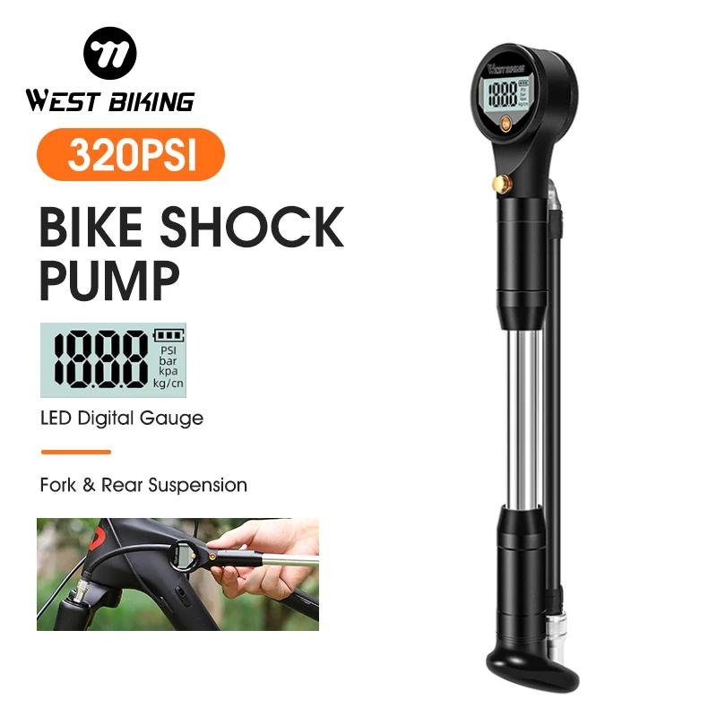 WEST BIKING YP0711131 320psi High Pressure Bike Air Shock Pump With Digital Gauge For Fork & Rear Suspension Schrader Valve MTB Bicycle