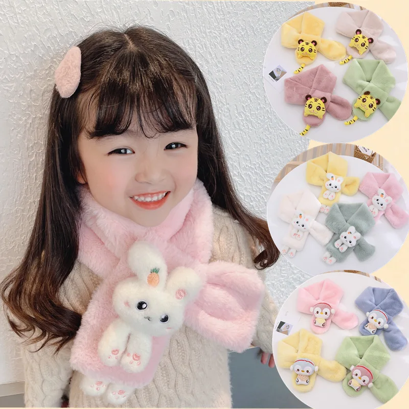 Korean Boys Girls Winter Thick Plush Cross Children\'s Scarf Baby Bib Cute Cartoon Rabbit Faux Fur Neck Protection Warm Shawl V49