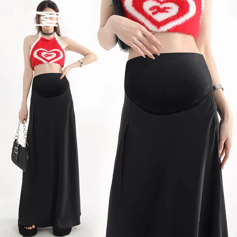Satin A-Line Maternity Maxi Skirt-Stretchy Belly Panel, Flowy Spring Long Skirt with Adjustable Waist Pregnant Woman Skirts