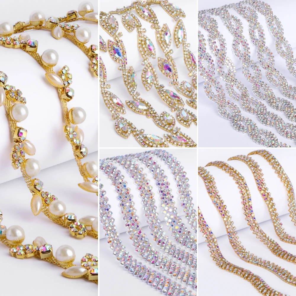 

Many Styles 5 Yards Glass Sew On Rhinestone Applique Trim Chain Glitter Crystal AB Ribbon for DIY Sewing Clothing Decoration