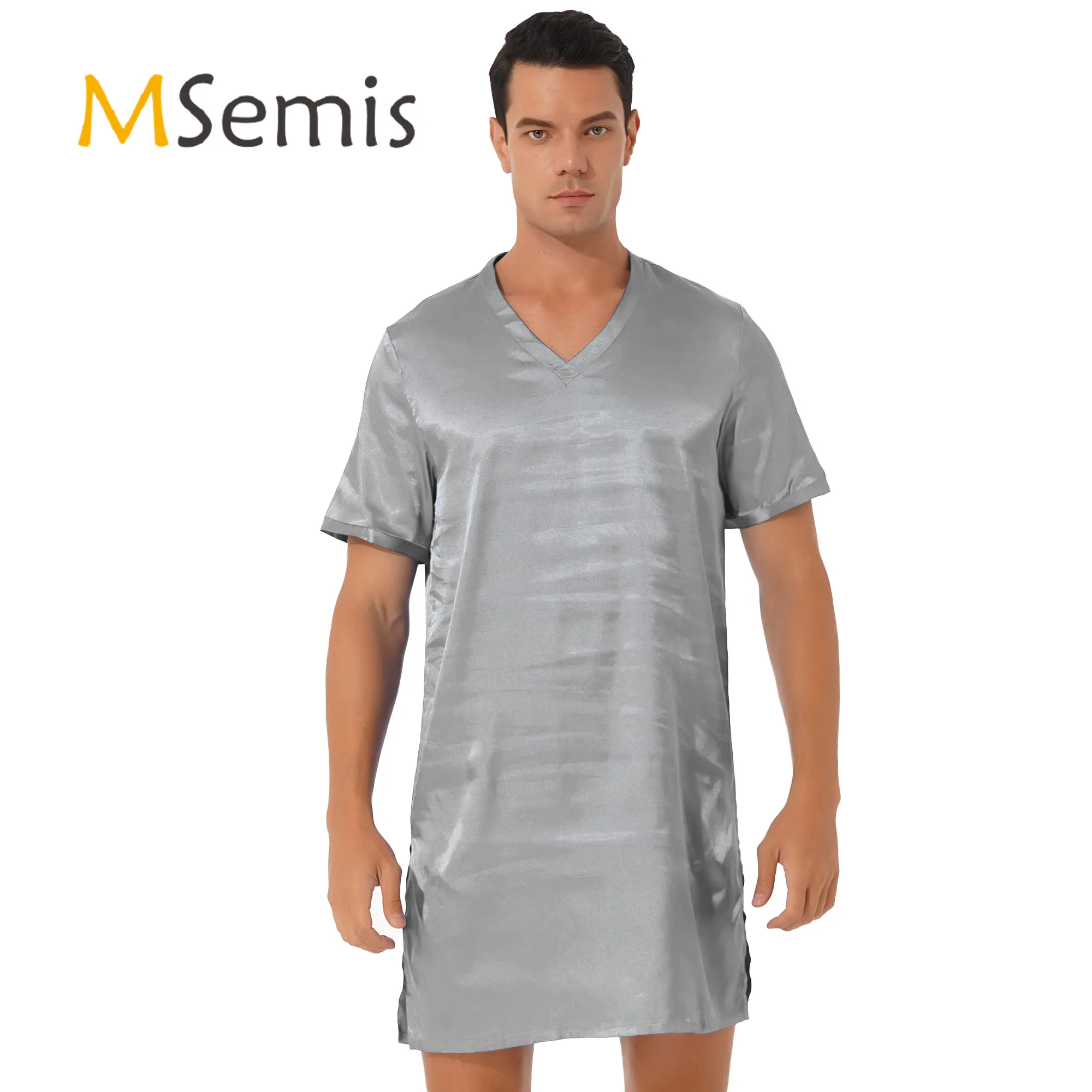 Mens Womens Satin Nightgown satin nightgown V Neck Short Sleeve Sleepwear Nightclothes Homewear Sides Split Nightwear
