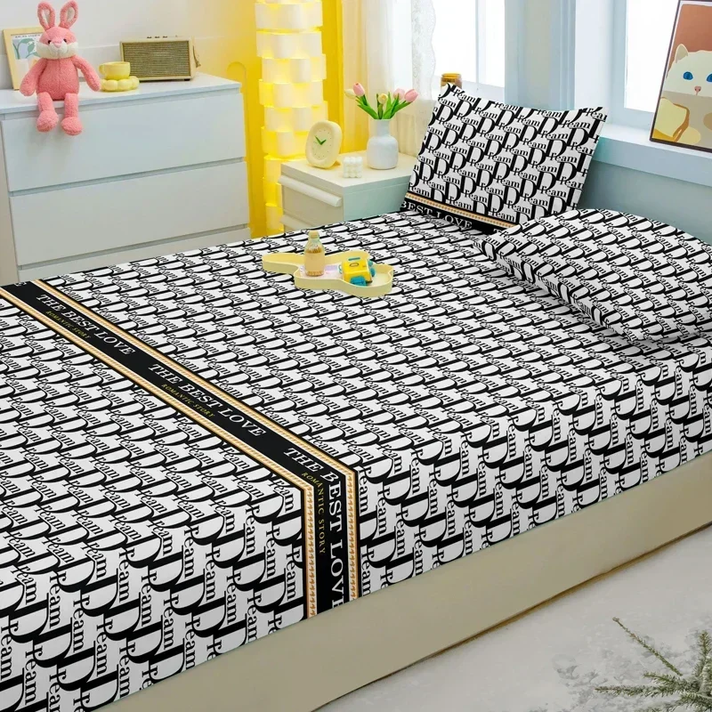 1 Simple Modern Letter Printed Matte Fitted Sheet, Bedroom Printed Bed Cover, Bedding (Excluding Pillowcases) 4