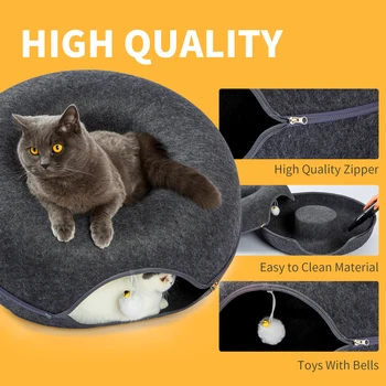 24 Inch Large Donut Cat Bed - Spacious Peekaboo Cat Cave for Multiple Cats Up to 30 Lbs, Detachable and Washable Wool Felt Tunne 3