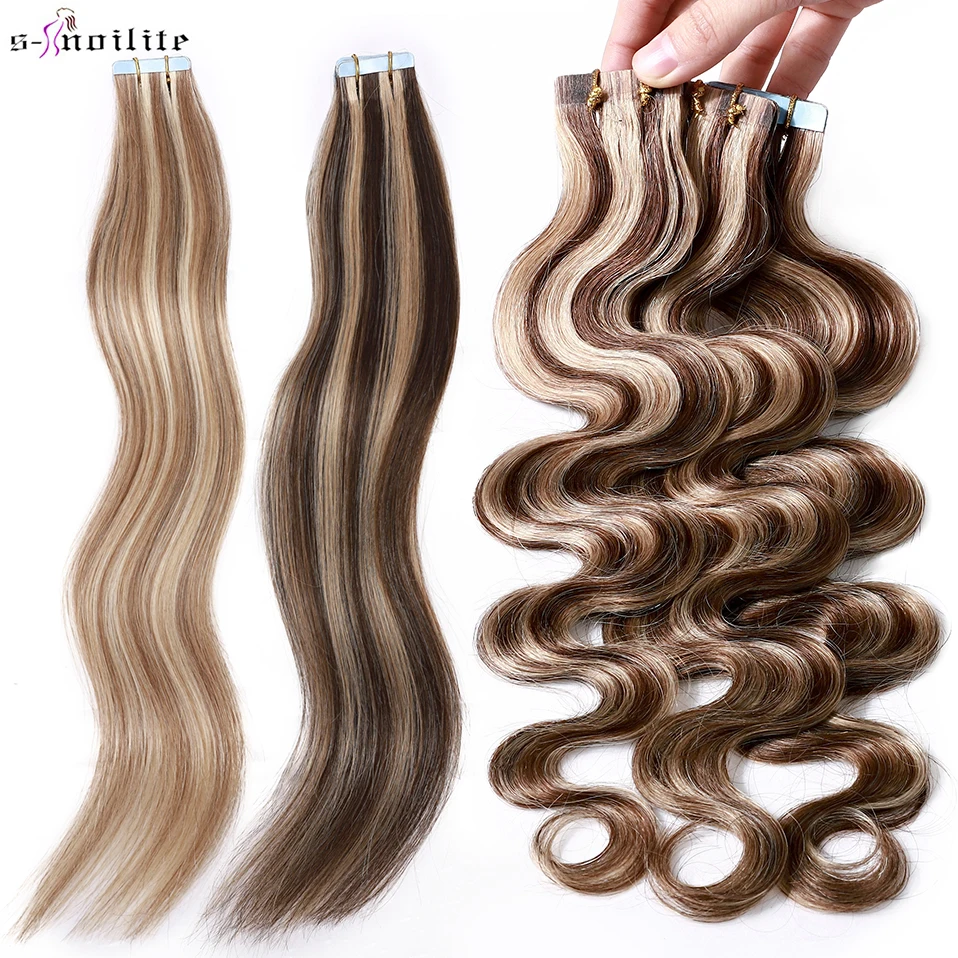 S-noilite 18"-22" 2.5g/pc Remy Tape In Human Hair Extension Wavy/Straight Hair Seamless Invisible Remy Adhesive Extension Blonde