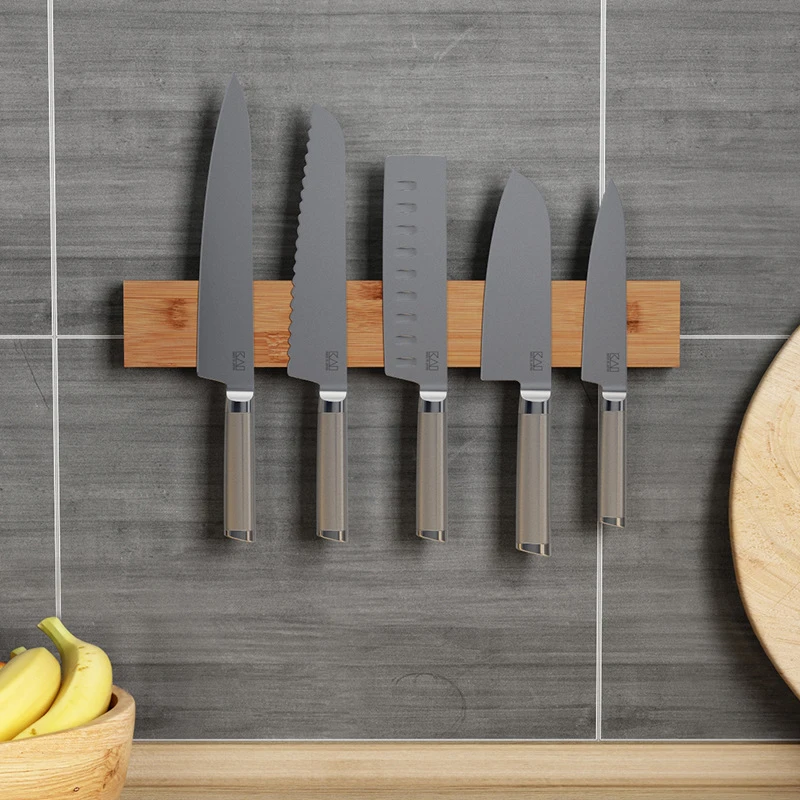 grey knife block Powerful Wooden Strip Magnetic Knife Holder Wall Mount For Metal Knifes Acacia Wood Block Magnet Knives Rack Kitchen Tools bamboo magnetic knife block