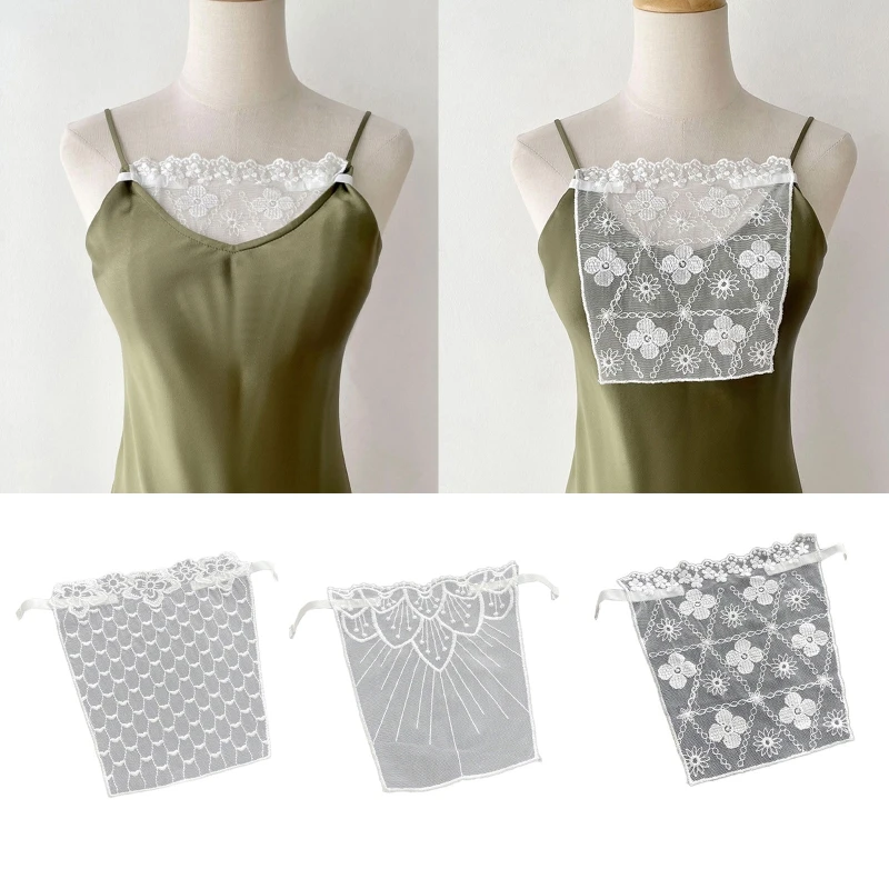 Women Summer Clip-On Floral Lace Mock Camisole Bra Insert Secret Cleavage Cover Overlay Panel Vest Wrapped Chest Bandeau