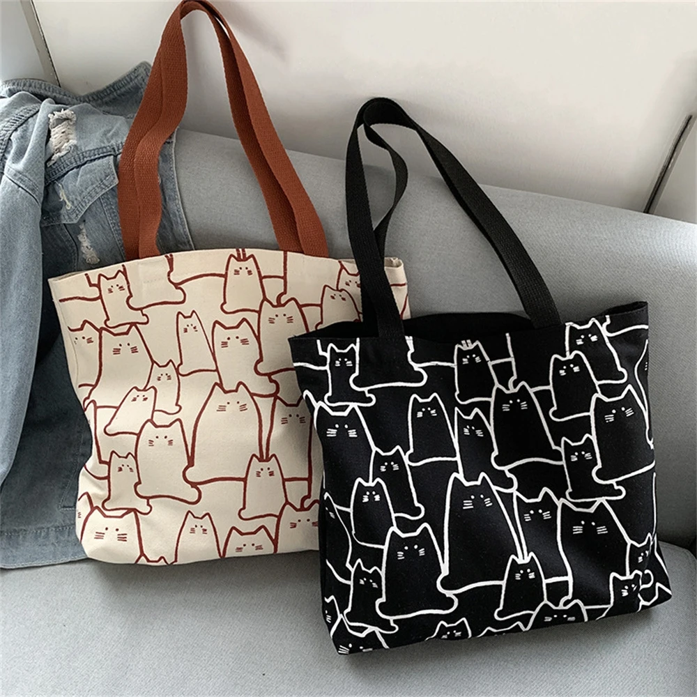 Cute Cat Print Picnic Bag Large Capacity Canvas Simple Shoulder Tote Bags Women Zipper Handbag Camping Accessories