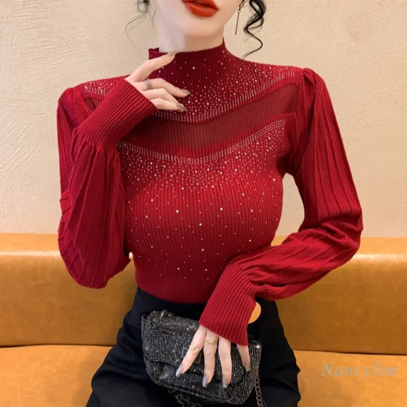 

Mock Neck Sweater Women's Autumn and Winter 2023 New Sexy Shiny Rhinestone Inner Wear Sweater Top Lady Underwear Pulls