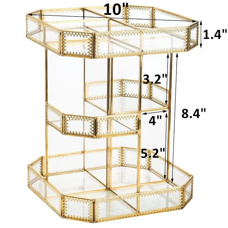 360 Degree Rotating Glass Makeup Organizer, Large Cosmetics Storage Display Holder with Gold Trim for Vanity, Clear Makeup 2
