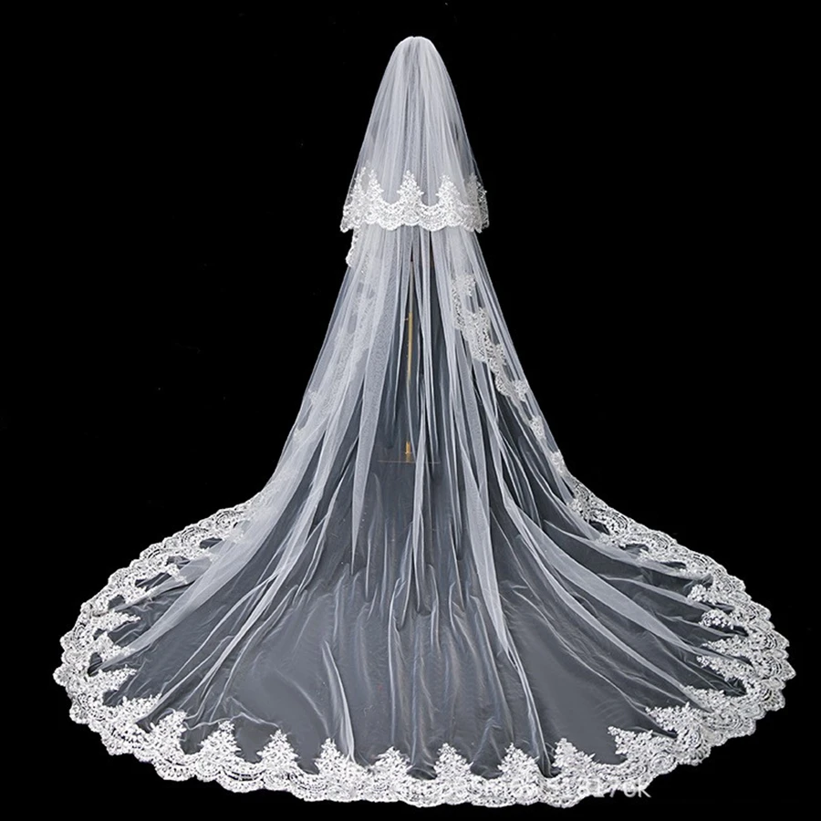 

New Arrival White Ivory Cathedral Wedding Veils Beaded Crystals Bride wedding accessories Veu de noiva Lace Appliques Veils