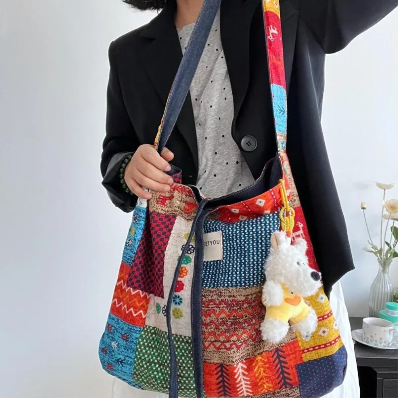 Doppelseitige Tasche, böhmische Denim-Canvas-Tasche, vielseitige Pendler-Einkaufstasche, auf beiden Seiten erhältlich, Retro-Kontrast-Umhängetasche – Detail 13