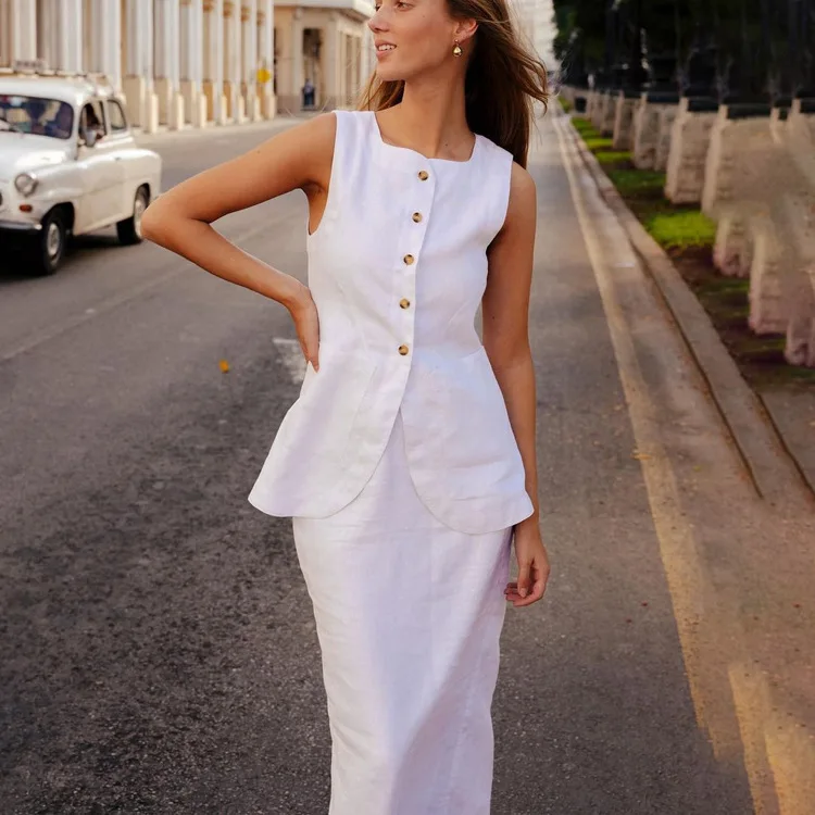 Conjunto de 2 piezas de falda larga blanca de cintura alta para mujer: top ajustado sin mangas y falda larga informal, conjuntos de patchwork para mujer