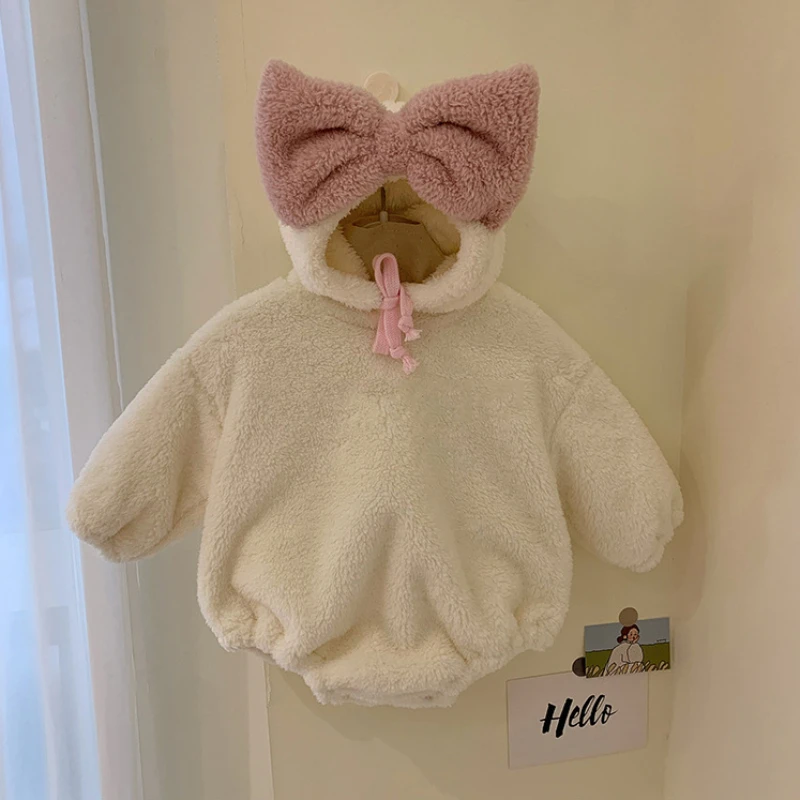 Girl Jumpsuit Plush Thickened Jumpsuit Cute Bow Hood Crawling Suit for Infants Baby Girl Outfit Set Boy Cloth Ropa Bebe Hombre