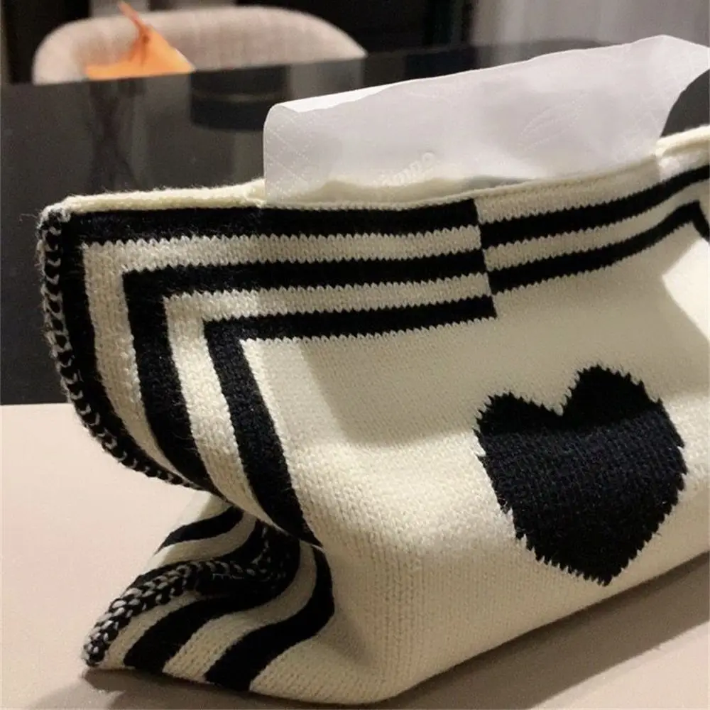 Decoration Knit Desktop Tissue Box Foldable Reusable Heart and Plaid Napkin Cover Dustproof Home Livingroom Car Paper Towels Bag 5