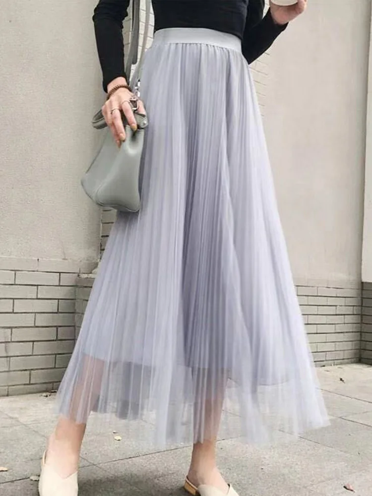 Women High Waist A-line New Summer Mesh Long Skirt Pleated Puff Streetwear Elastic Elegant Ladies