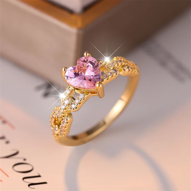 Anillo elegante de piedra de corazón de cristal rosa para mujer, anillos de  compromiso de corazón de amor romántico para mujer, banda de boda delicada  de Color dorado, joyería Bohemia - AliExpress