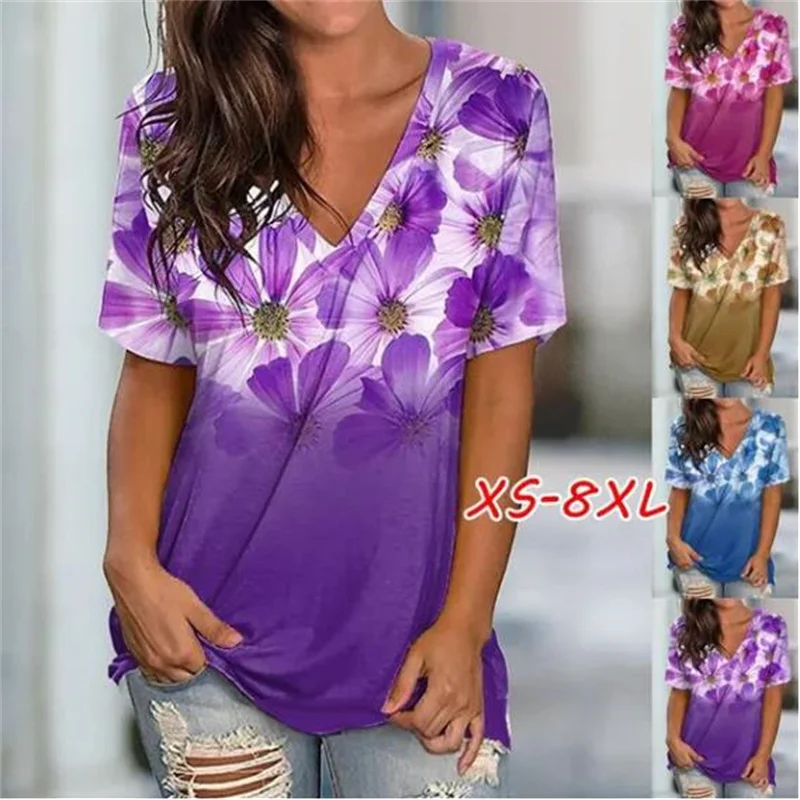 

XS-8XL Women's Fashion Summer Clothes Casual V-neck Short Sleeved Top Ladies Flowers Printed Blouses Loose T-shirts Cotton Shirt