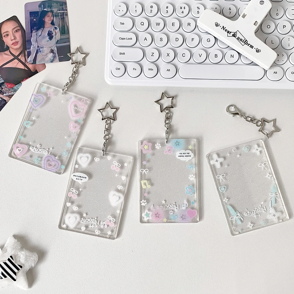 Ins Transparent Glitter Acrylic 3 inch Kpop Photocard Holder ID Card Film Protective Display Sleeves Pendant Keychian Stationery