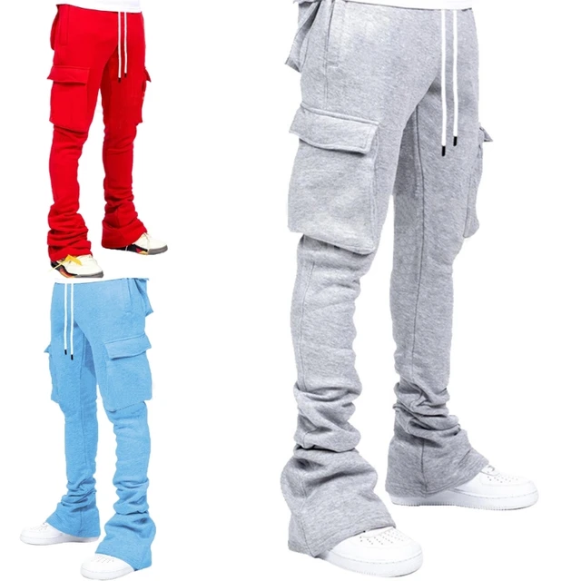 Mens Drawstring Waist Jogger Pants Solid Color Pile Up Stacked Cargo Pants Workout Running Sweatpants with Multi Pockets 2