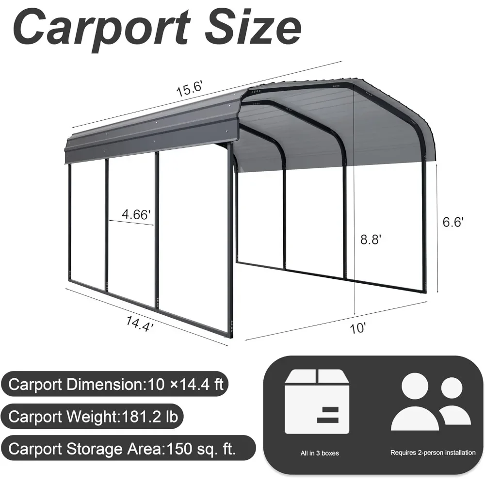 10 &times; 15 FT heavy-duty carport kit, metal garage carport roof with galvanized steel roof and frame, charcoal black