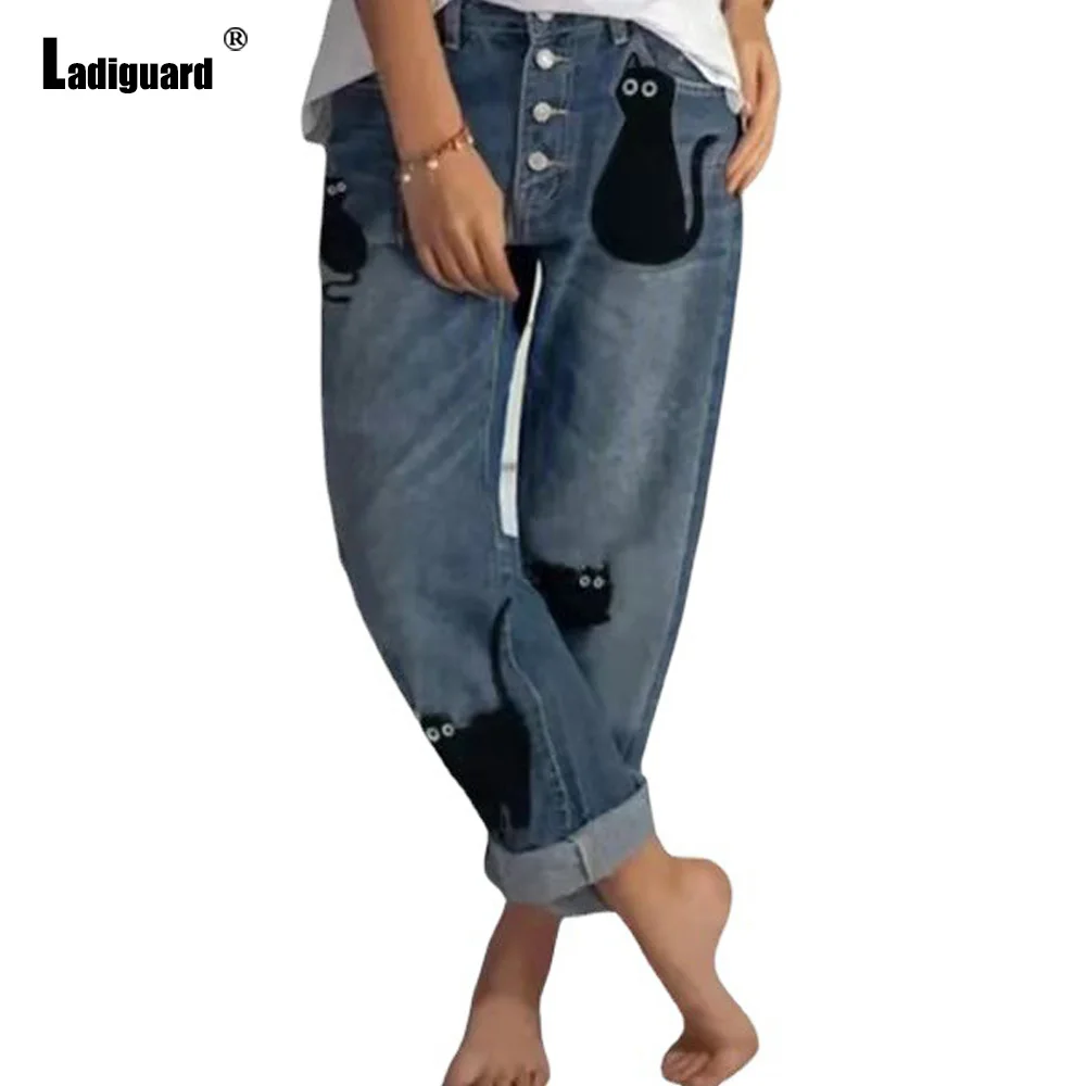 

Women Straight Leg Denim Pants Sexy Buttons Up Jeans Mid Waist Loose Trousers Vintage Cat Print Demin Pants Vaqueros Mujer 2023