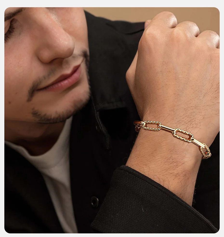 Vnox Edelstahl-Rechteck-Kettenarmband für Männer und Frauen, 7,5 mm breiter Punk-Schmuck mit ovaler K18-Platte, verstellbares trendiges Geschenk – Detail 2