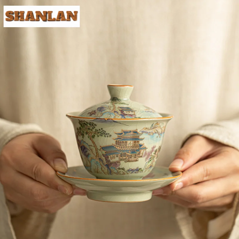 Retro Ru Kiln Sancai Cover Bowl Gold Painting Landscape Teapot Tea Maker Kettle Tea Cup Dahongpao Ceremony Accessories Craft