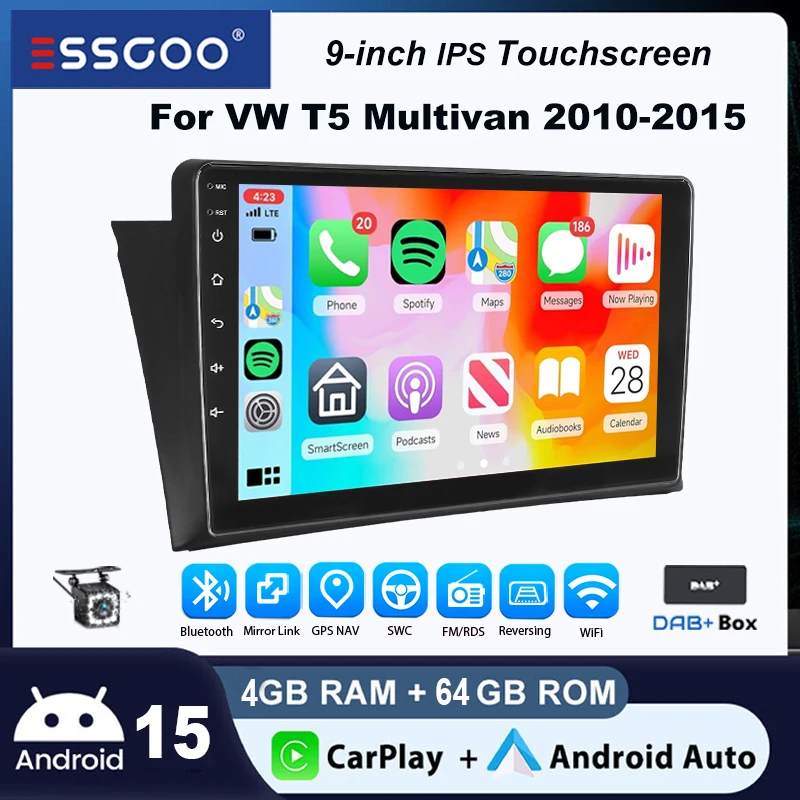ESSGOO Autoradio Android15 9" 4+64 GB für VW T5 Multivan 2005-2010 GPS Navigation Wireless CarPlay Android Auto FM WiFi Bluetooth RDS Mirror Link Lenkradsteuerung 2+32 GB Touchscreen