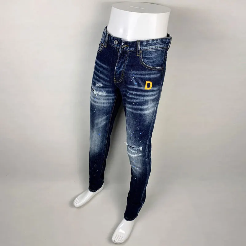 Street Fashion Men Jeans High Quality Retro Blue Elastic Slim Fit Ripped Jeans Men Embroidery Designer Denim Brand Pants Hombre