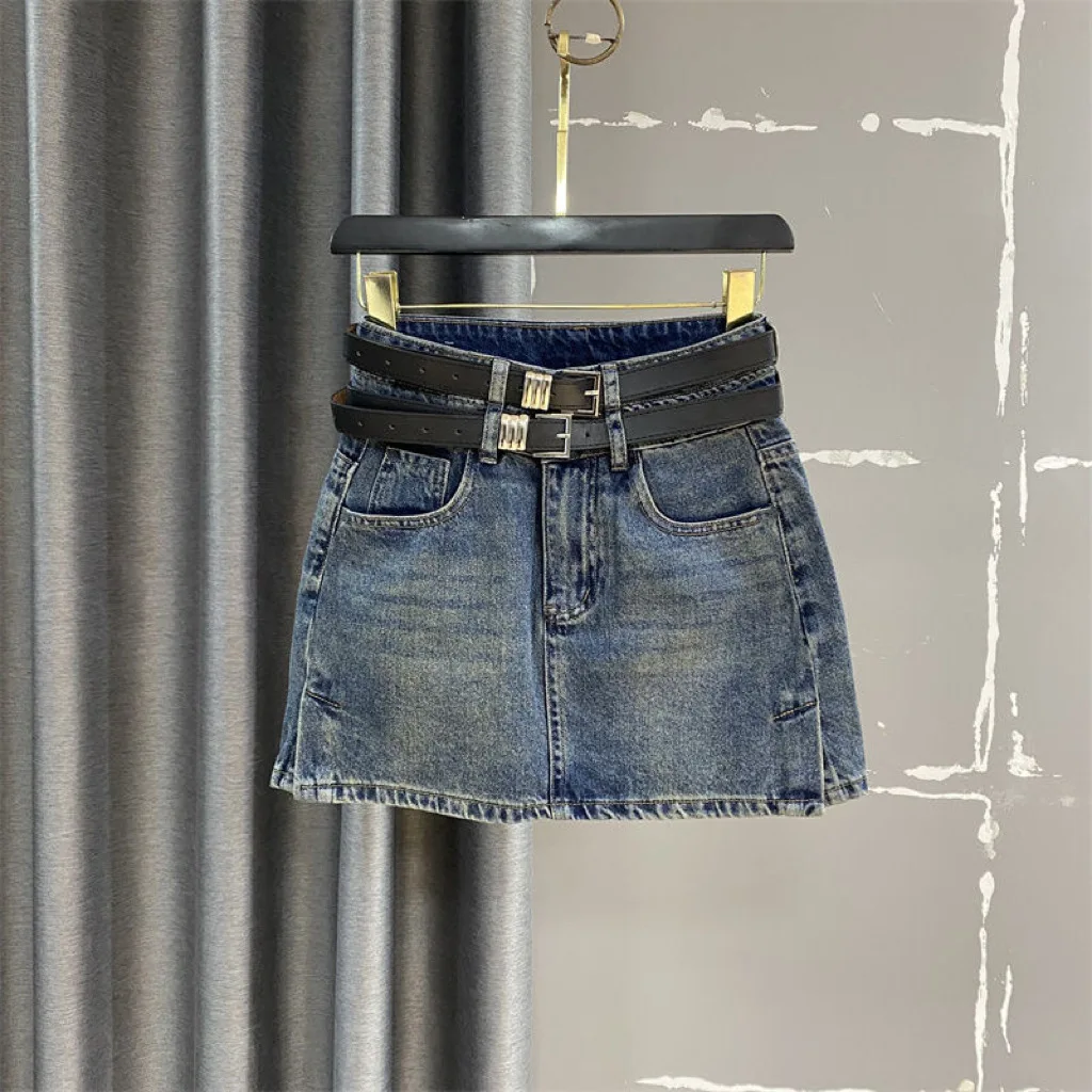 

Юбка джинсовая трапециевидная для девочек, эластичная короткая юбка из денима с двойным поясом, с разрезом, с завышенной талией, в Корейском стиле, весна 2024
