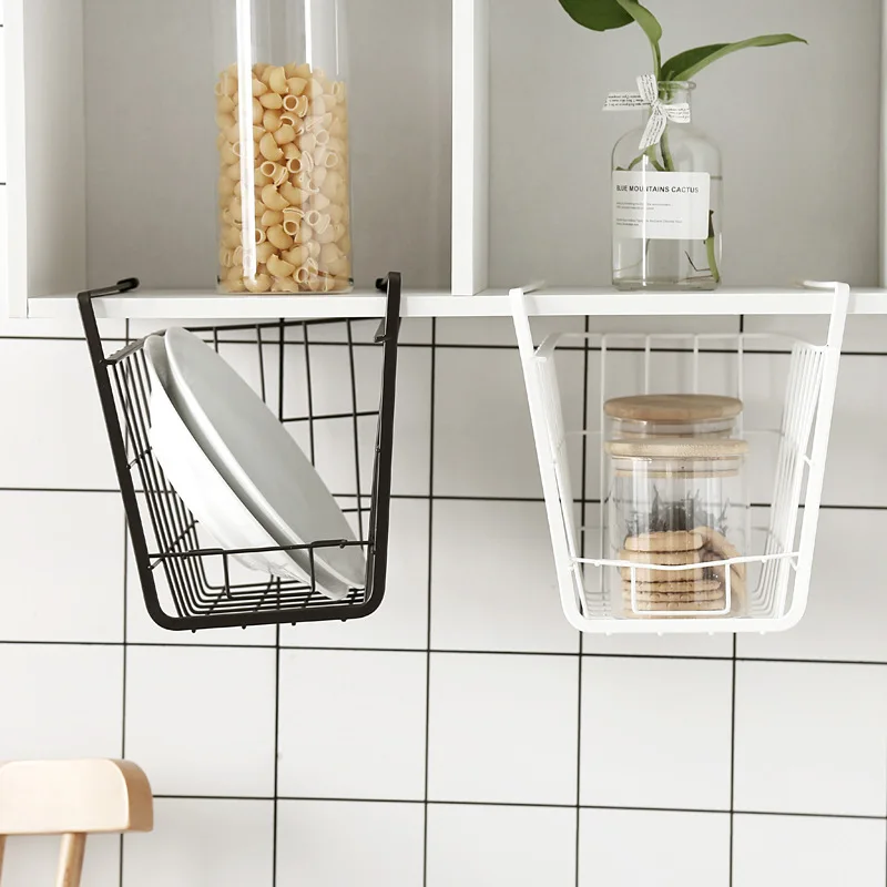 1pc Black Hanging Basket For Kitchen Cabinet Under Shelf, Creative