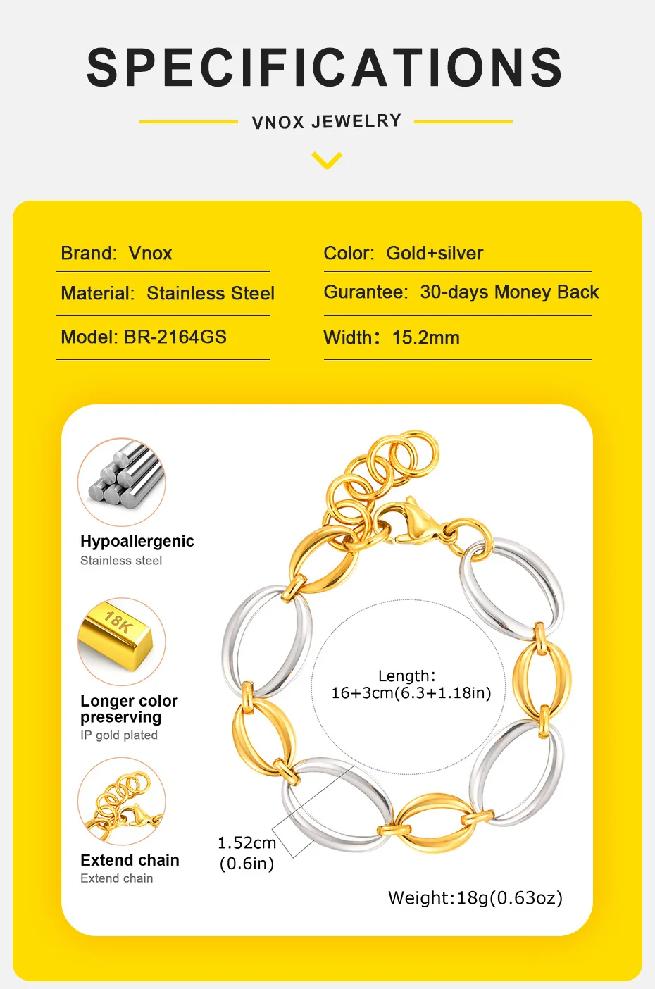 Vnox Charms große und kleine ovale Kettenarmbänder für Frauen und Mädchen, Edelstahl, verflochten, goldfarben, handgefertigte Glieder, Schmuck, Geschenk – Detail 4