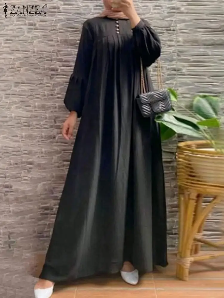 

2023 ZANZEA Eid Mubarek Vintage Solid Maxi Sundress Abaya Hijab Vestido Robe Femme Women Fashion Long Sleeve Kaftan Muslim Dress