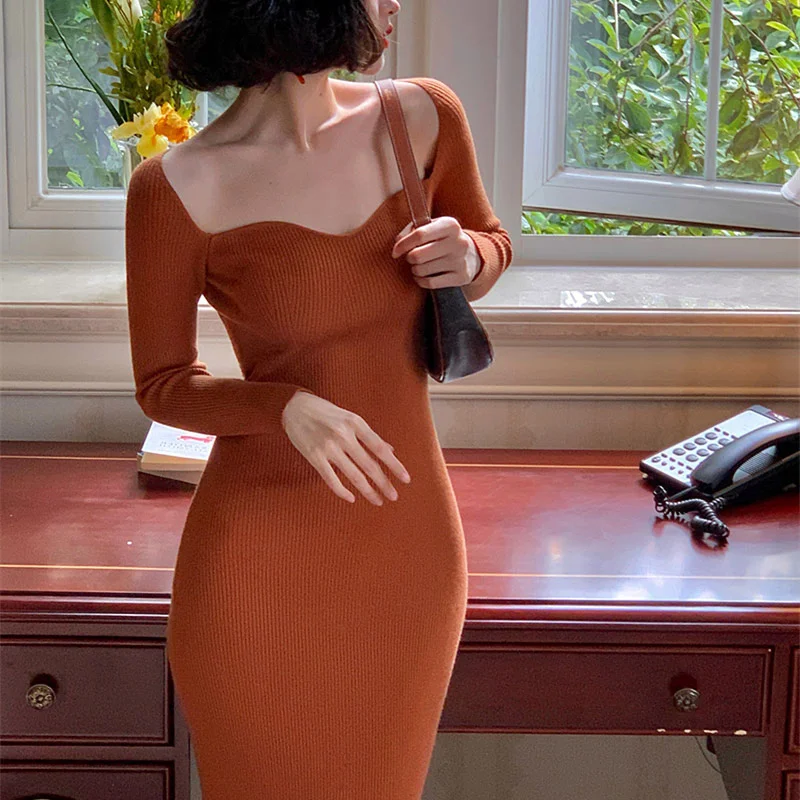 

Dresses for Women 2022 New Sexy Strapless Ribbed Knitted Bodycon Dress Women Winter Long Sleeve Midi Sweater Dress Clothes