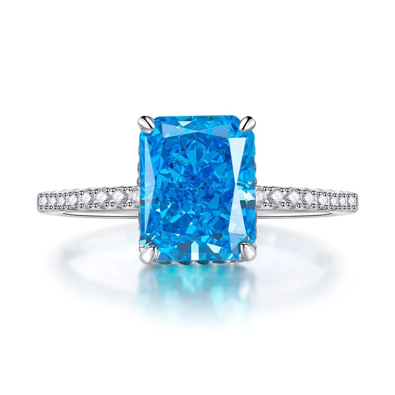 Silver Ring 925 Sterling Silver 8*10mm Yellow Pink Aquamarine High Carbon Diamond Radiant Cut For Women Party Fine Jewelry