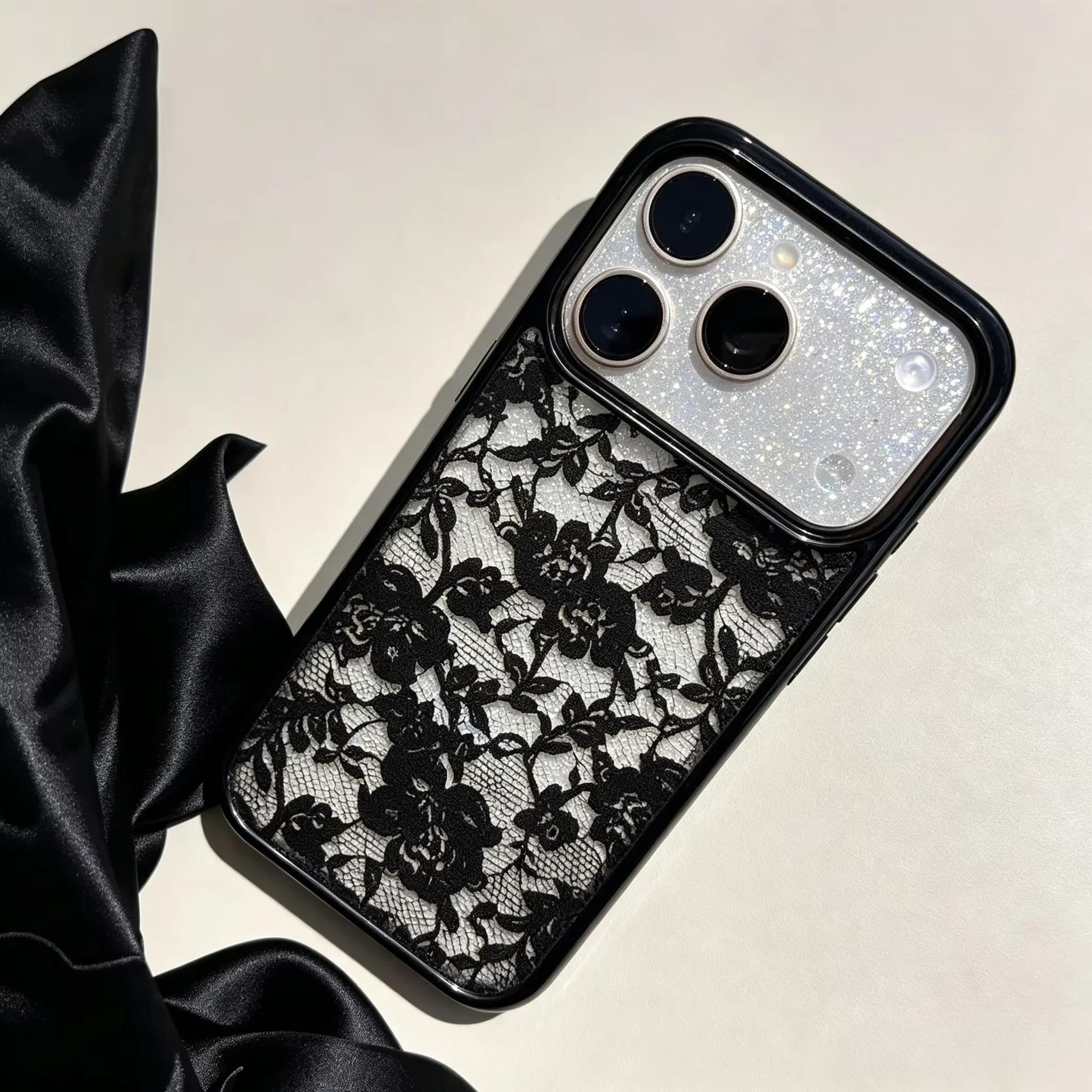 Elegant Black Lace Flower Transparent Phone Case - Korean Inspired Y2K Style