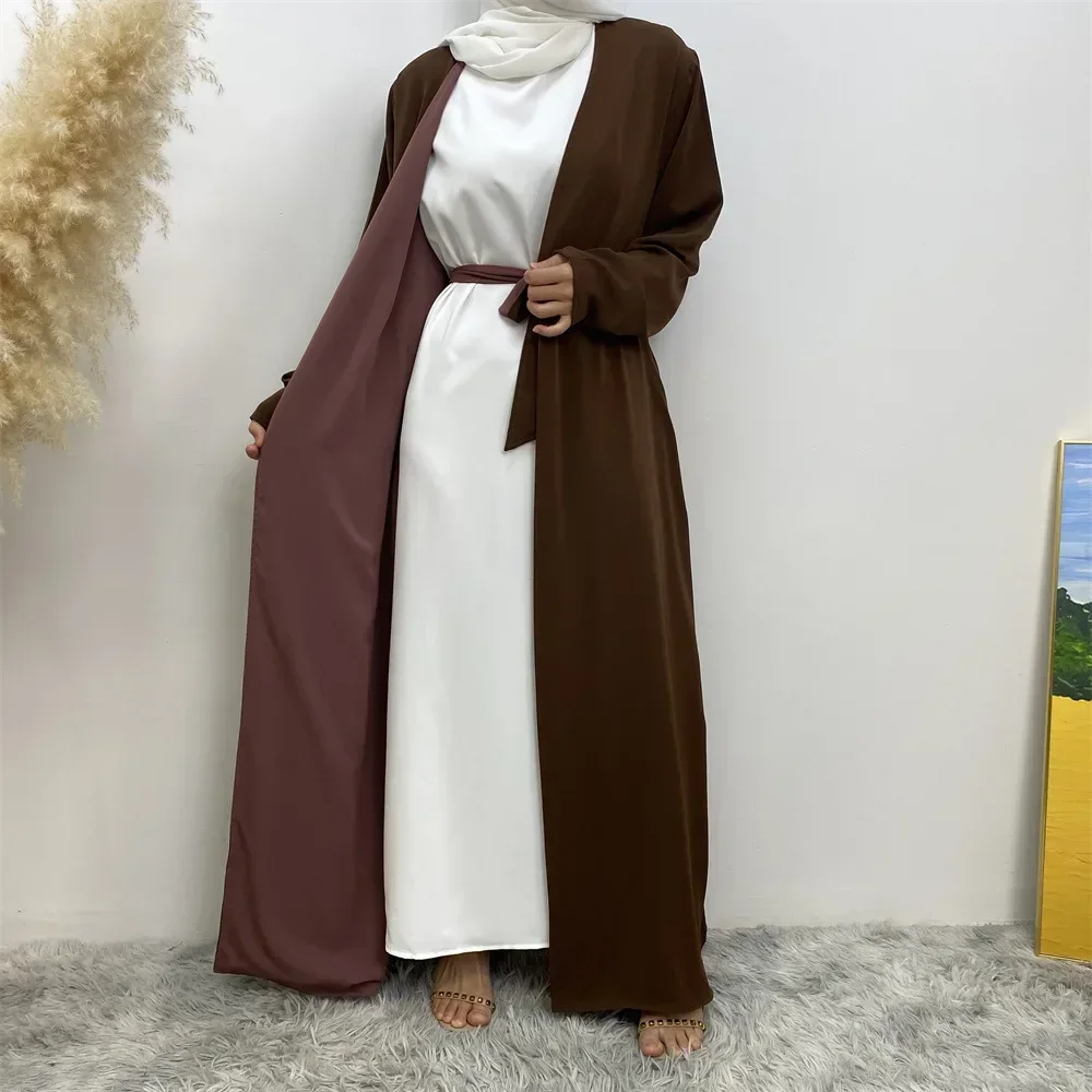 Ramadan Arabic Kimono Abaya Belt Muslim Long Dress Reversible Abayas for Women with Pockets Islamic Clothes Kaftan Hijab Robe