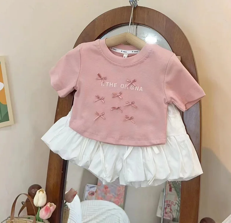 

New Baby Girls Summer Fashion Sets, Pink Bow T-shirt + White Shorts Princess Sweet Suits 1-6 T