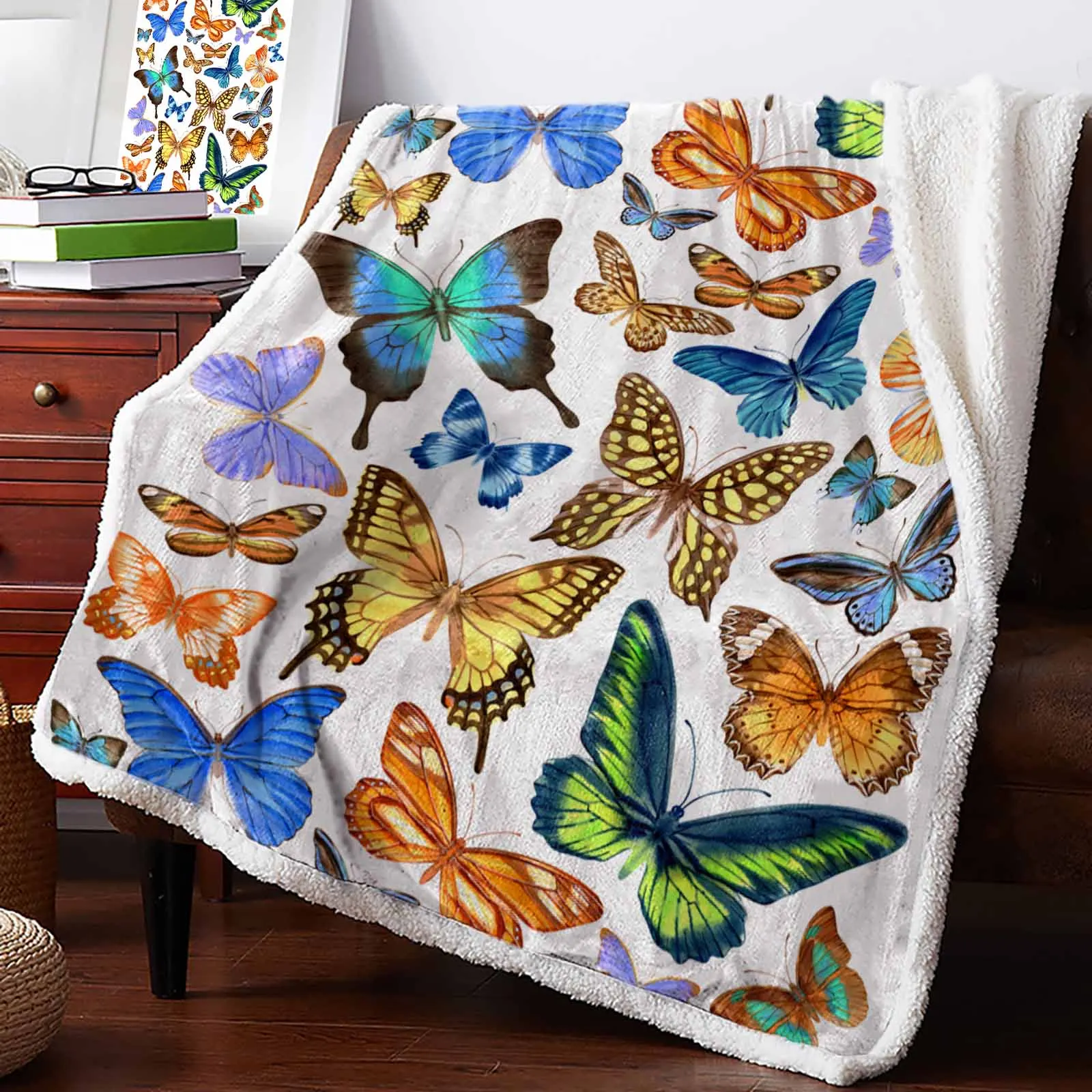 

Vintage Watercolor Butterfly Texture Cashmere Blanket Warm Winter Soft Throw Blankets for Beds Sofa Wool Blanket Bedspread