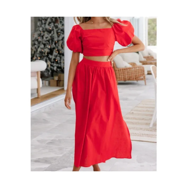 Women's Cage Sleeve Square Neck Top & Split A-line Skirts Sets Spring & Summer New Two Piece Set Outfits for Women french square collar socialite style color contrasting stripe coat double belt fishtail tweed skirts suit 3 piece sets outfits