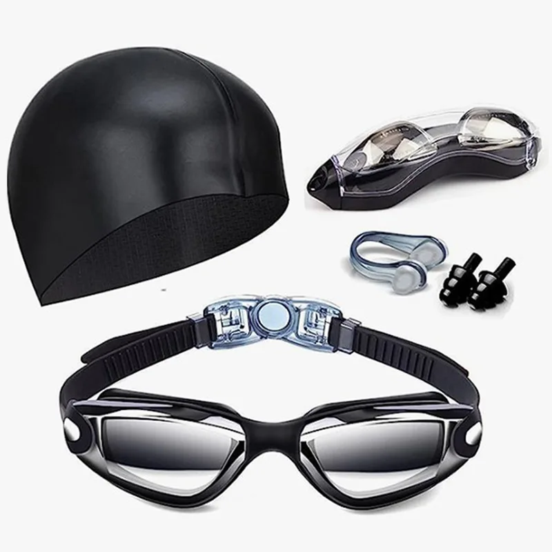 Swimming Eyewear And Cap Set For Adult Men,High-Definition Anti Fog Electroplated Swimming Goggles,Female Nose Clip Earplug Set 5