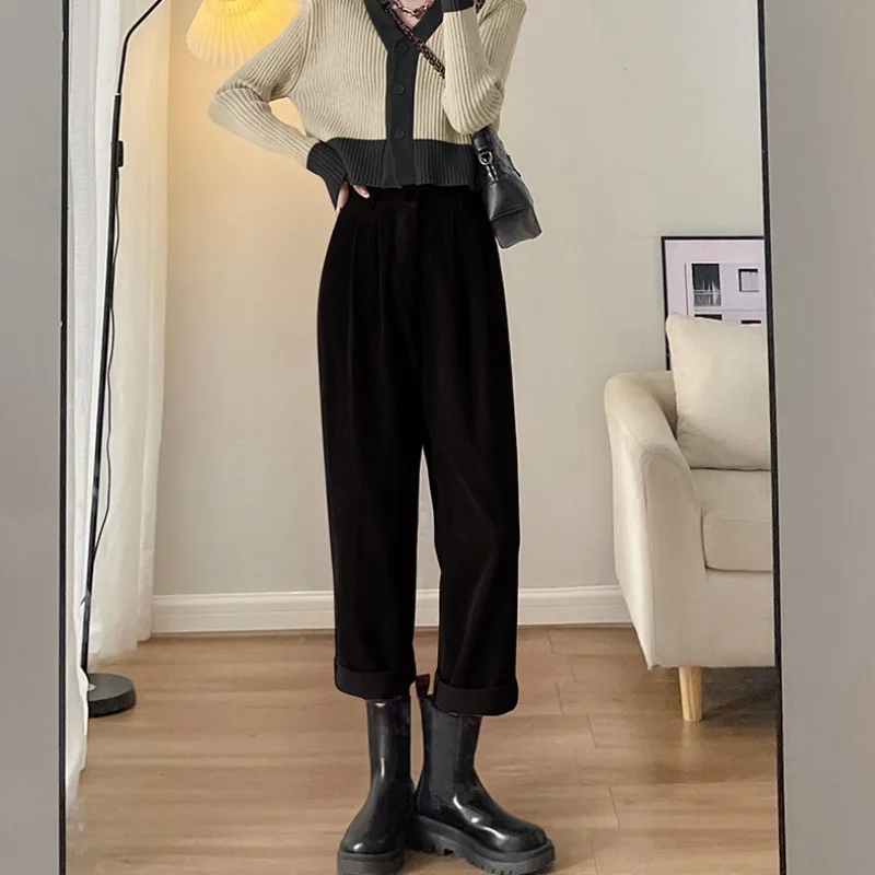 Women's Solid Button Zipper Ruched Harlan 2023 Autumn and Winter New High Waist Loose Patchwork Pockets Casual Corduroy Pants
