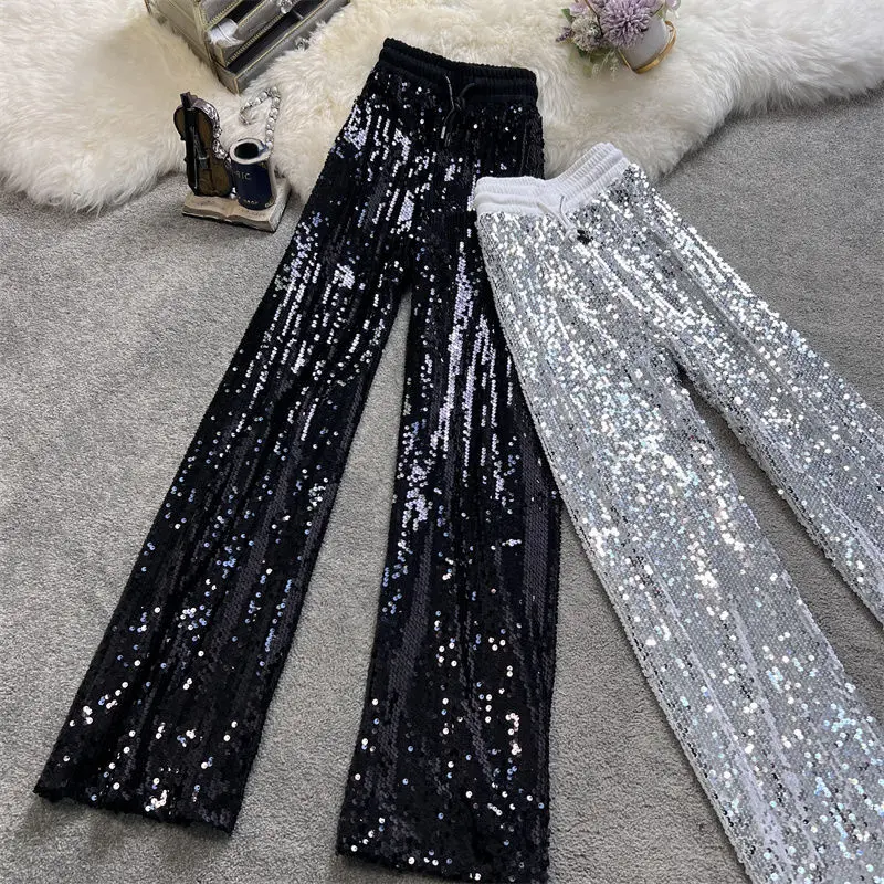 Streetwear Sparkling Sequin Wide Leg Pants Loose High