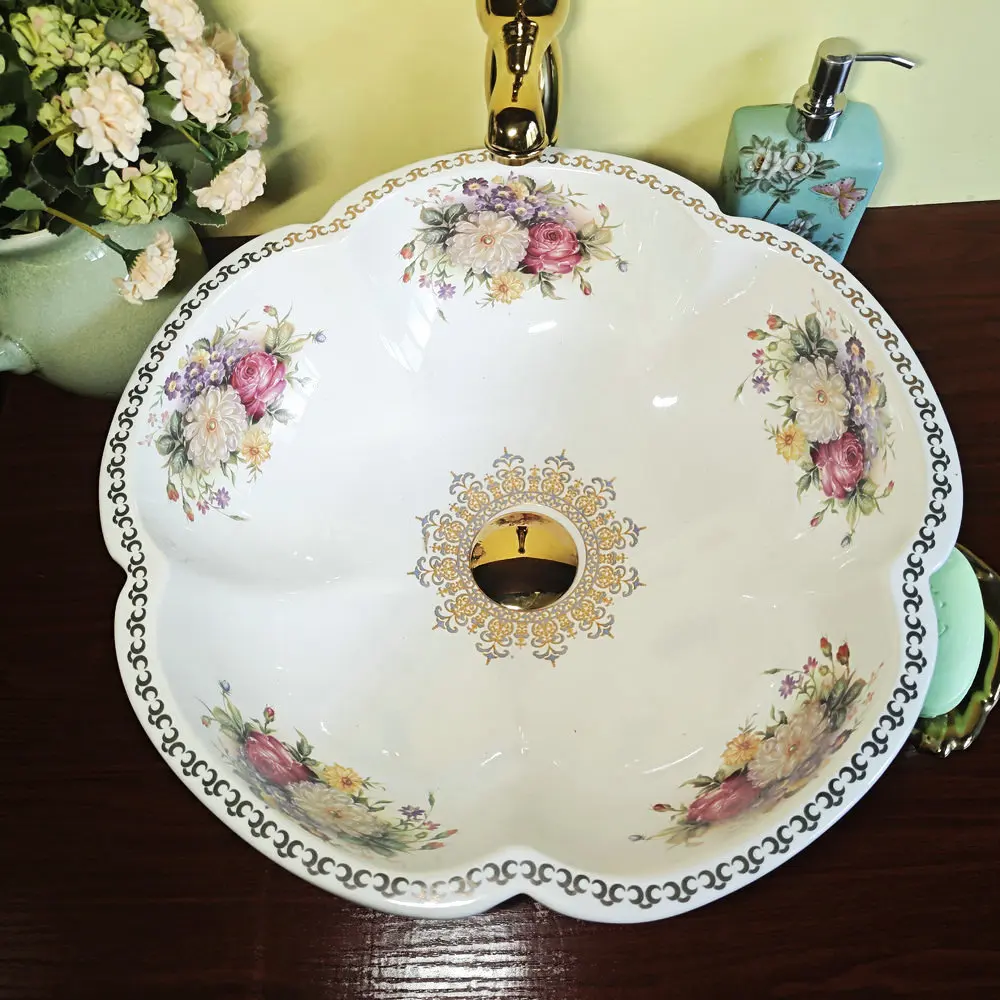 MAEBOW Artistic Sink Europe Style Handmade Flower Shape Ceramic Countertop Bathroom Wash Basin Bathroom Sink 4